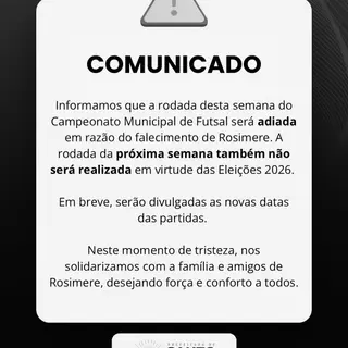 ⚫️ Comunicamos que as rodadas desta semana e da próxima semana do Campeonato Municipal ...