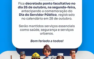 Ponto facultativo no dia 26 de outubro devido ao Dia do Servidor Público
