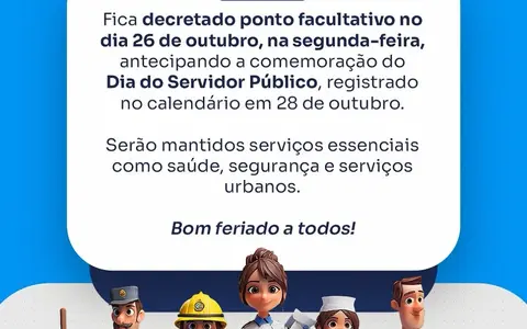 Ponto facultativo no dia 26 de outubro devido ao Dia do Servidor Público