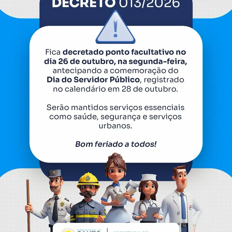 Ponto facultativo no dia 26 de outubro devido ao Dia do Servidor Público